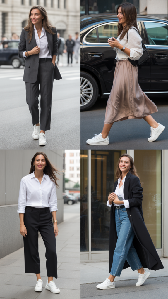 White Sneakers with Tailored Pieces