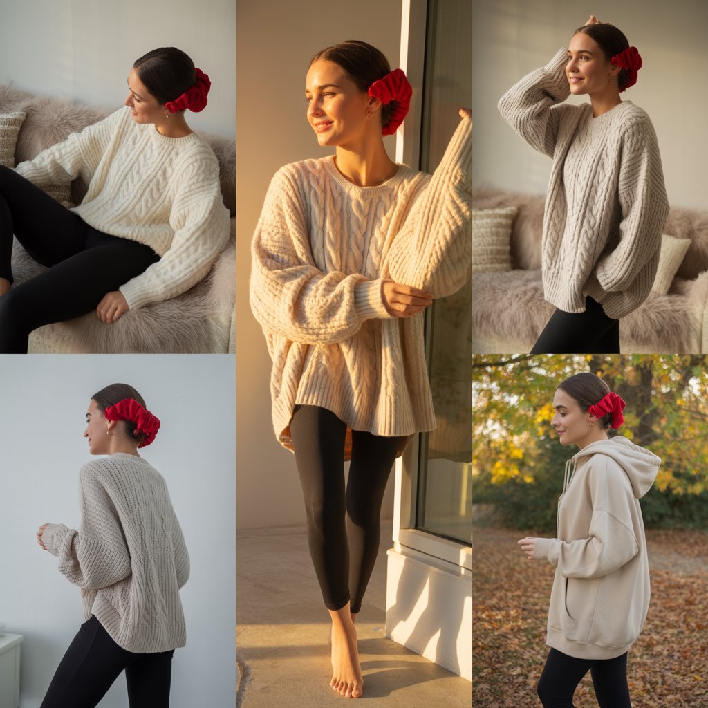 Red Scrunchie with Oversized Sweater and Leggings