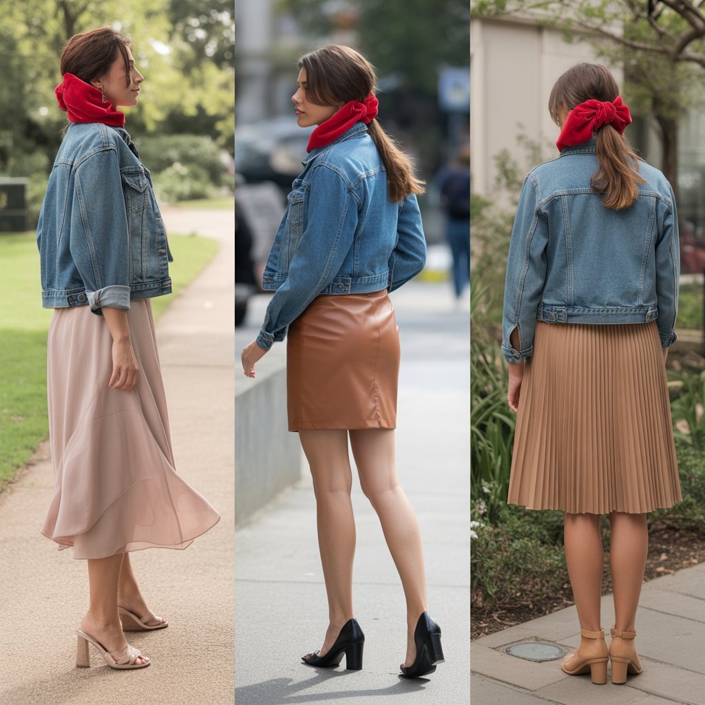 Red Scrunchie with Denim Jacket and Skirt