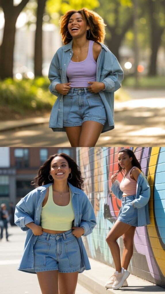 Oversized Denim Shirt with Baggy Shorts