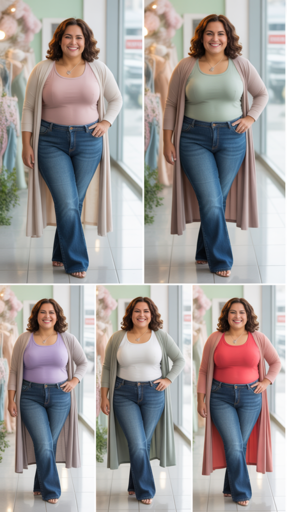 Bootcut Jeans With Fitted Tank And Cardigan