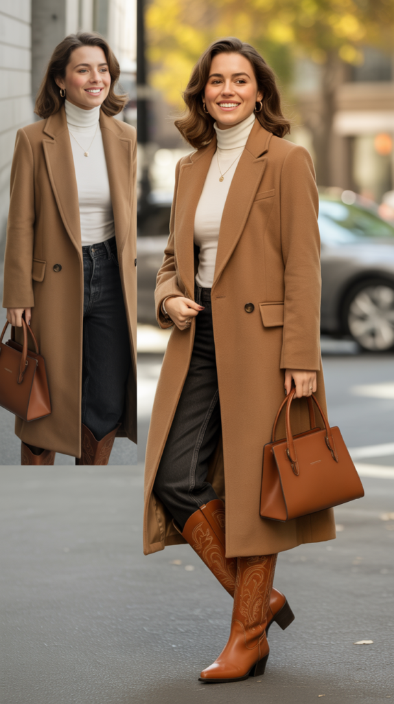 The Camel Coat with Cowboy Boots and Jeans