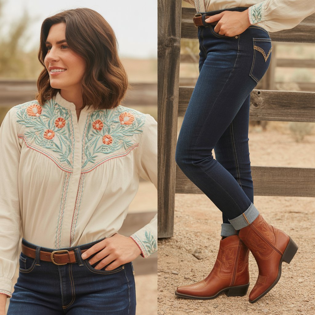 Western Embroidered Blouse with Dark Denim
