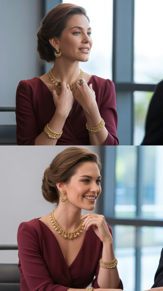 Burgundy Dress with Gold Jewelry