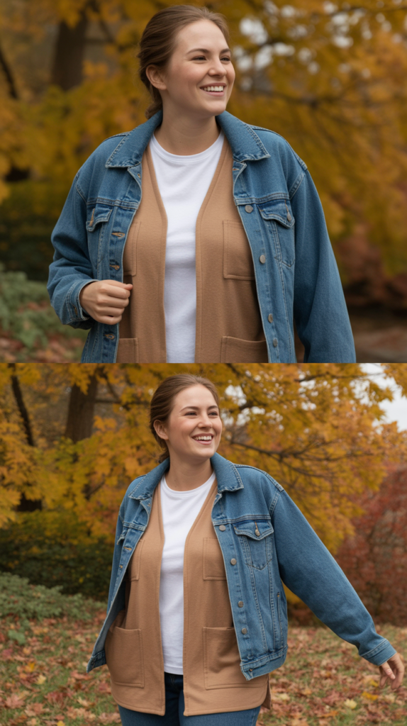 Denim Jacket Layered With Cardigan
