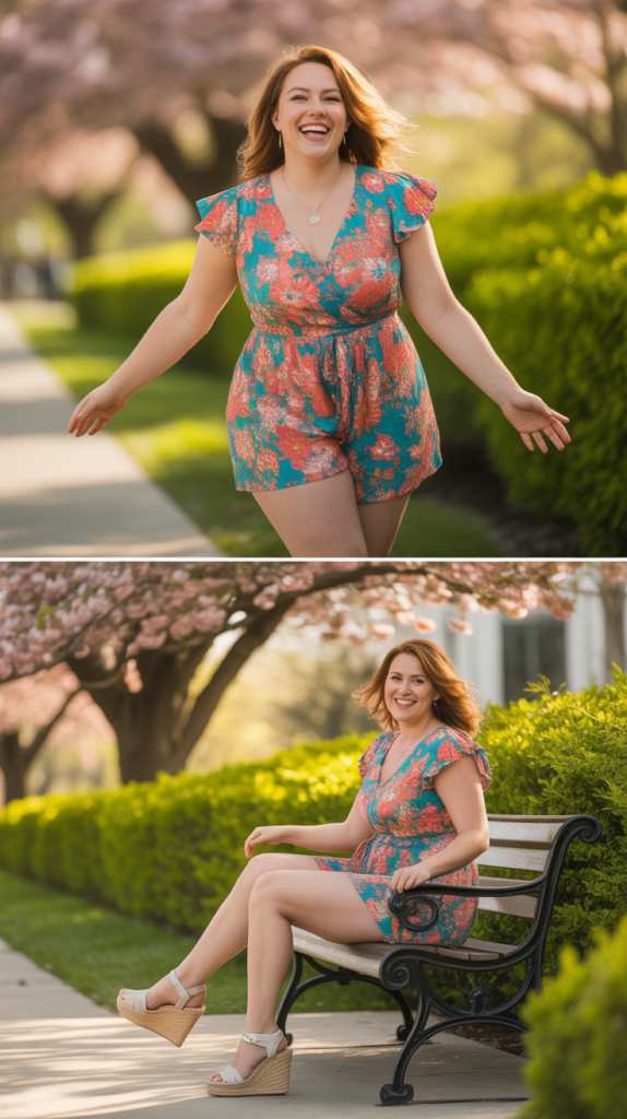Floral Romper with Wedge Sandals