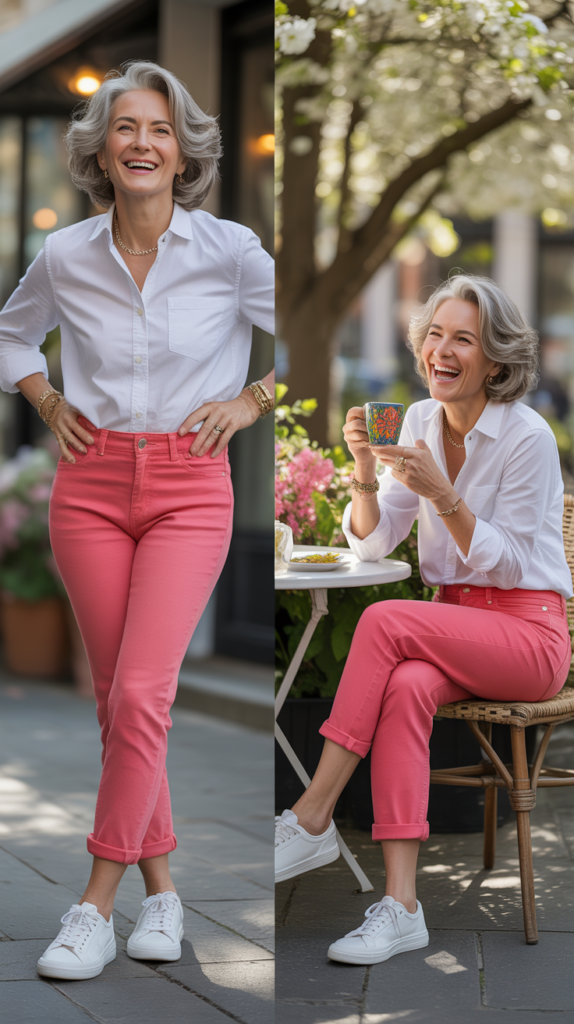 Colored Denim with White Button-Down