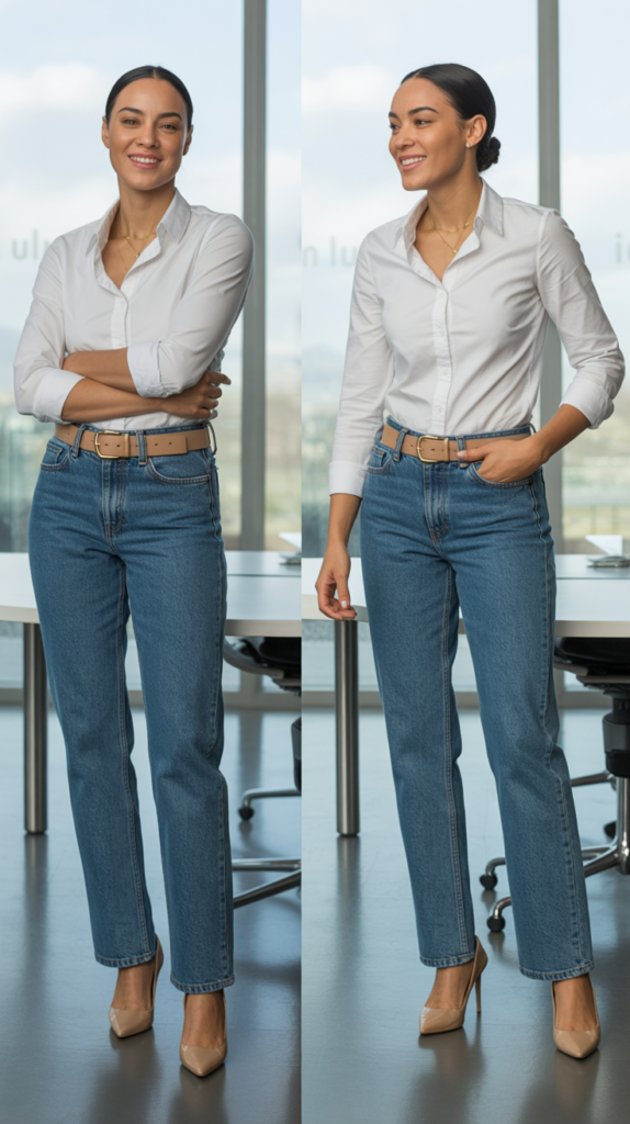 Medium Wash Jeans with Structured White Shirt