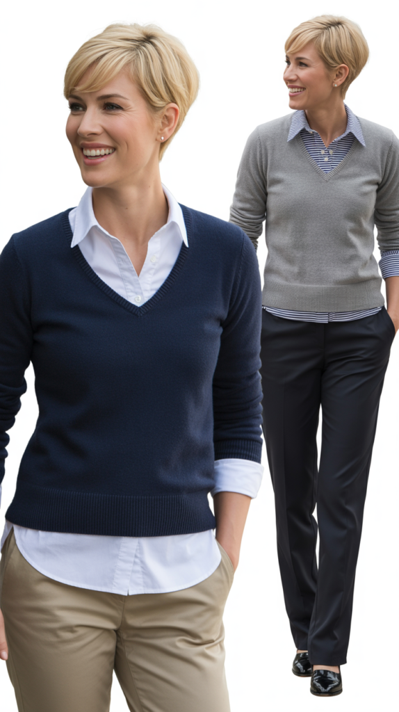 V-Neck Sweater Layered Over Button-Down