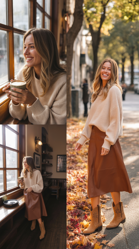 Leather Skirt with Cowboy Boots and Knit Sweater