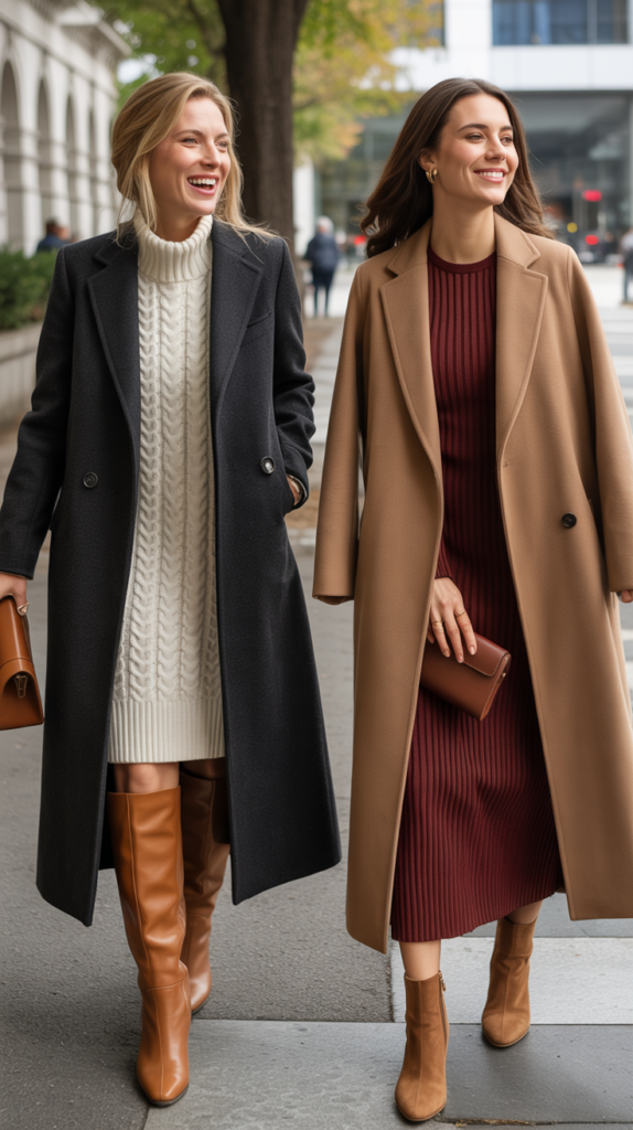 Long Coat Over Sweater Dress