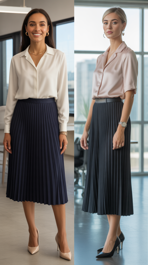  Pleated Midi Skirt with Tucked Blouse
