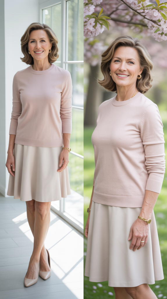 Crew Neck Sweater with A-Line Skirt