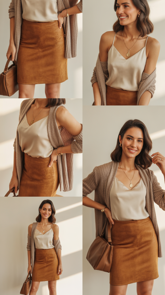 Suede Skirt with Silk Camisole and Cardigan