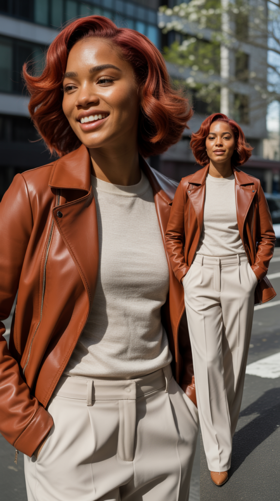 Burnt Sienna Leather Jacket with Neutral Basics
