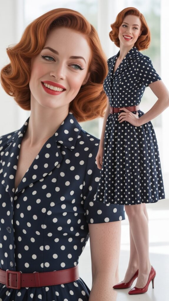 Navy Polka Dot Dress with Red Accessories
