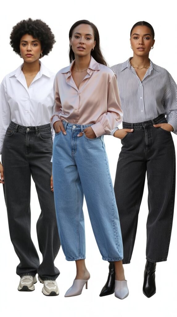 Baggy Jeans with Fitted Button-Up Shirt