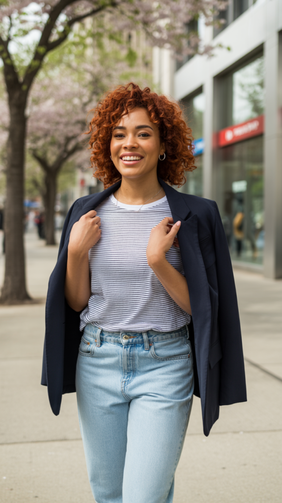 Striped Tee with Light Wash Jeans and Blazer