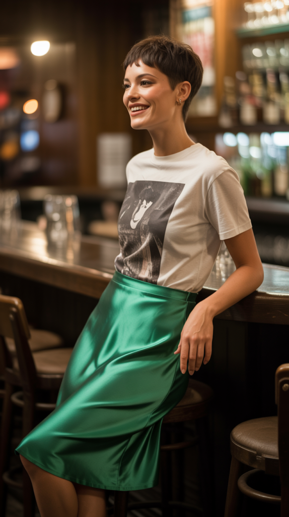 Graphic Tee Styled with Satin Skirt