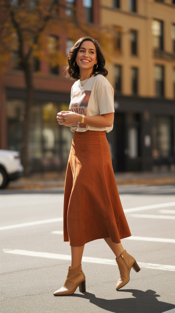 Suede Skirt with Graphic Tee and Booties