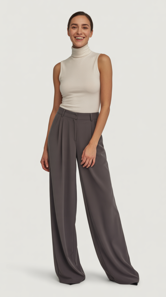 Sleeveless Turtlenecks With Wide-Leg Trousers