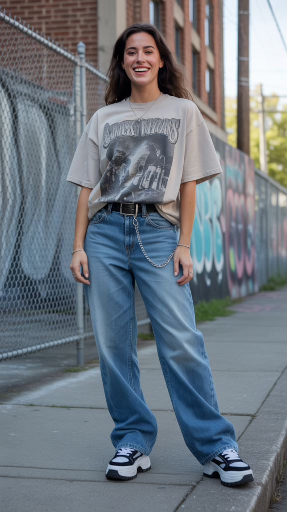 Baggy Jeans with Graphic Band Tee