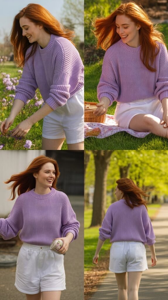 Lilac Sweater with White Shorts