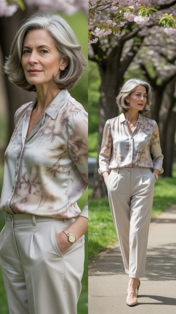 Floral Blouse and Neutral Pants