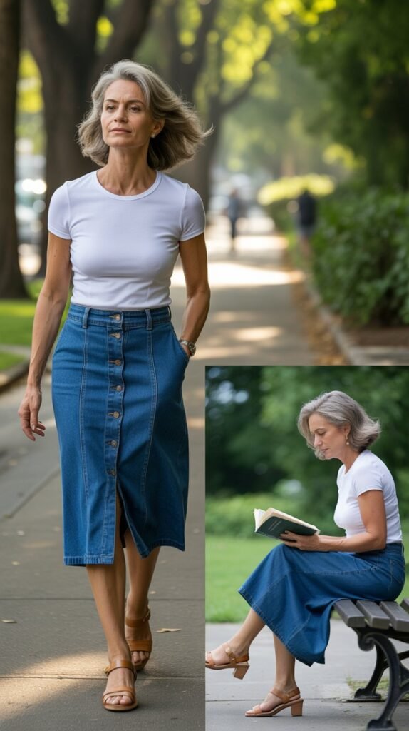 Button-Front Midi Skirt and Fitted Tee