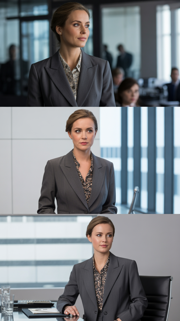 Gray Suit with Patterned Blouse