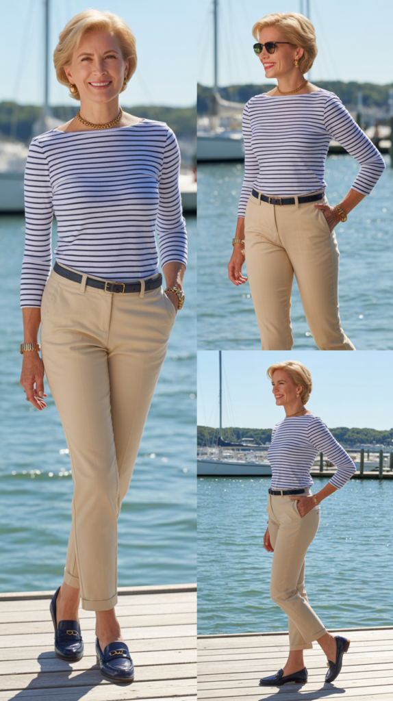 Khaki Chinos with Striped Boatneck Top
