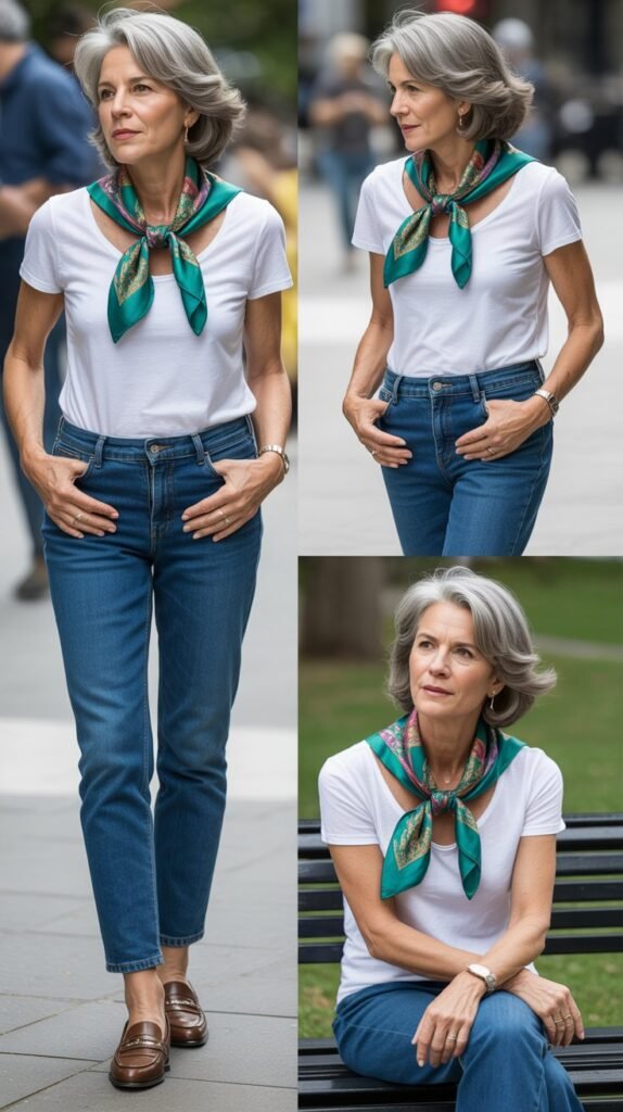 Silk Scarf with Basic Tee and Jeans