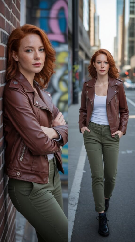 Chocolate Brown Leather Jacket with Olive Chinos