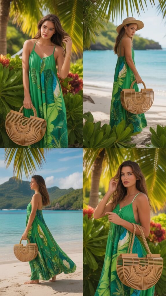 Green Tropical Leaf Print Dress with Bamboo Bag
