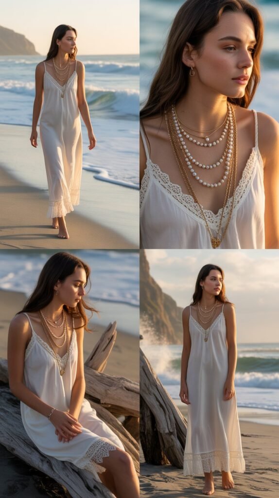 Lace Trim White Slip Dress with Layered Necklaces