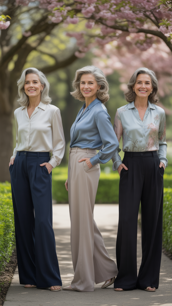 Elegant Wide-Leg Pants with Silk Blouses