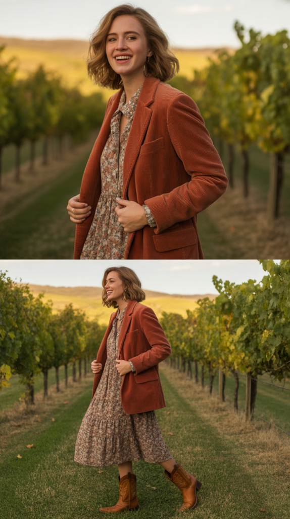 Corduroy Jacket with Dress and Cowboy Boots
