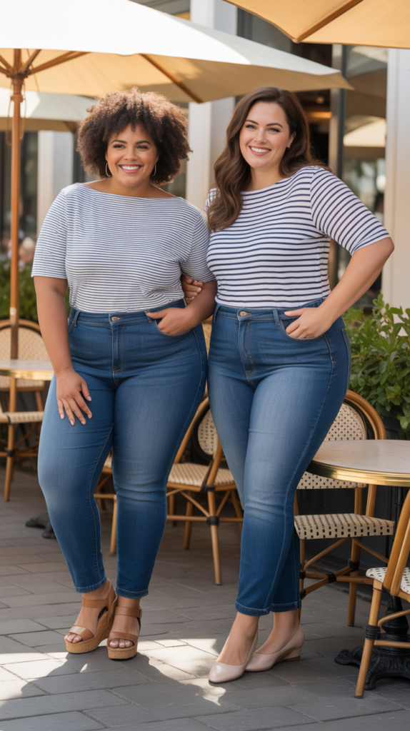 Striped Boatneck Top and Medium Wash Mom Jeans