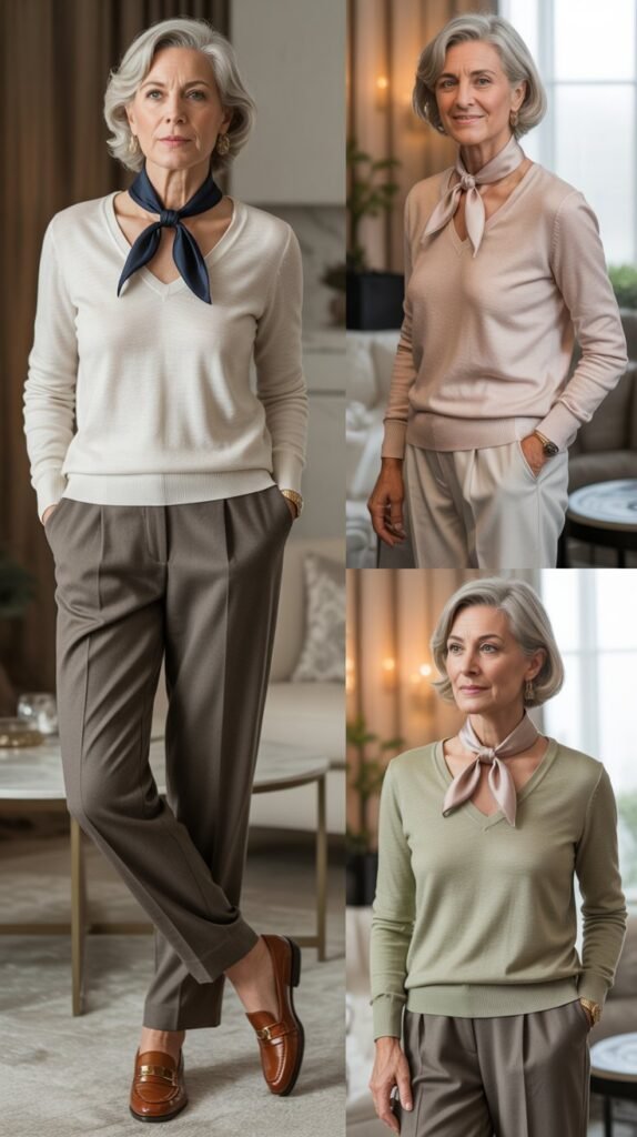 Cashmere V-Neck Sweater with Silk Scarf and Trousers