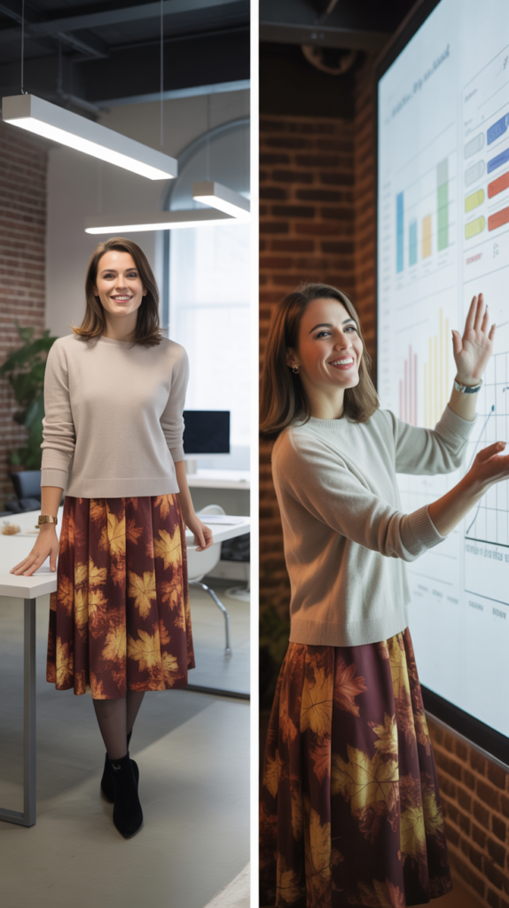  Printed Midi Skirt with Solid Sweater