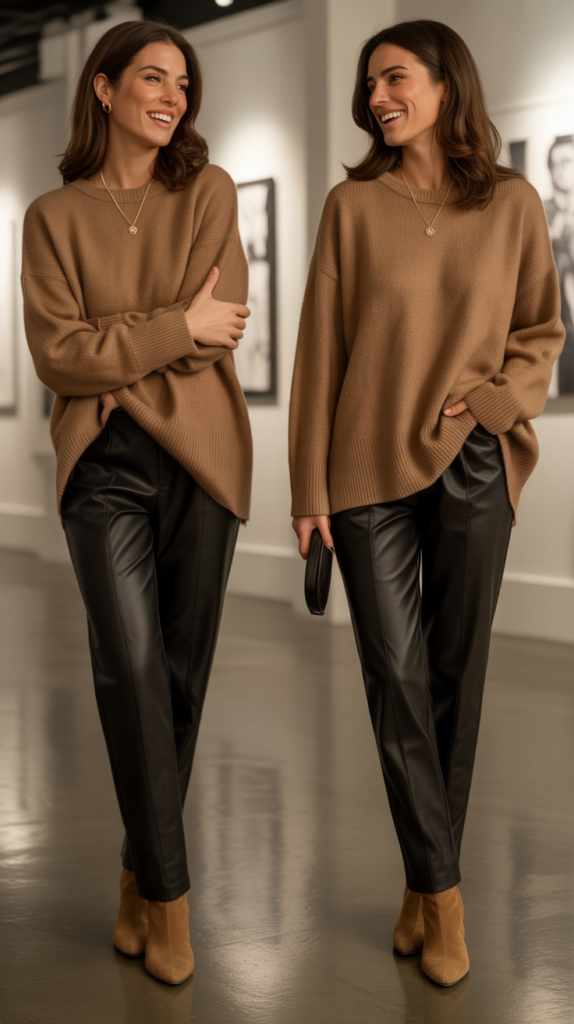 The Neutral Cashmere Sweater with Leather Pants
