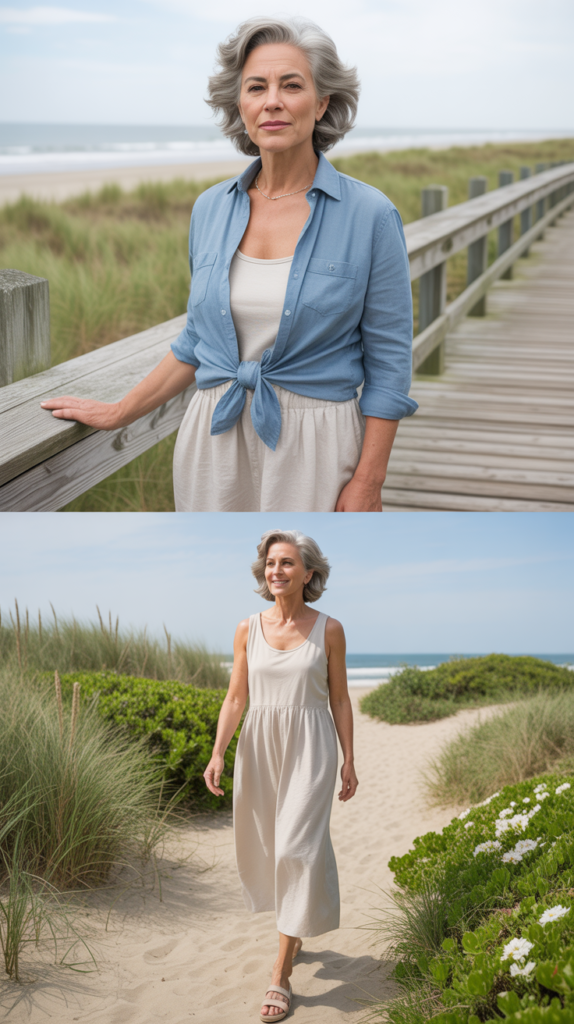 Chambray Shirt Knotted Over Tank Dress
