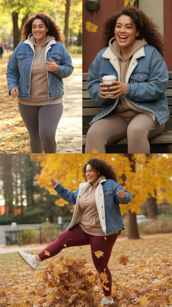  Sherpa-Lined Denim Jacket with Hoodie and Leggings