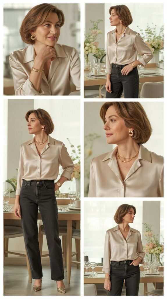 Silk Blouse with Straight-Leg Jeans