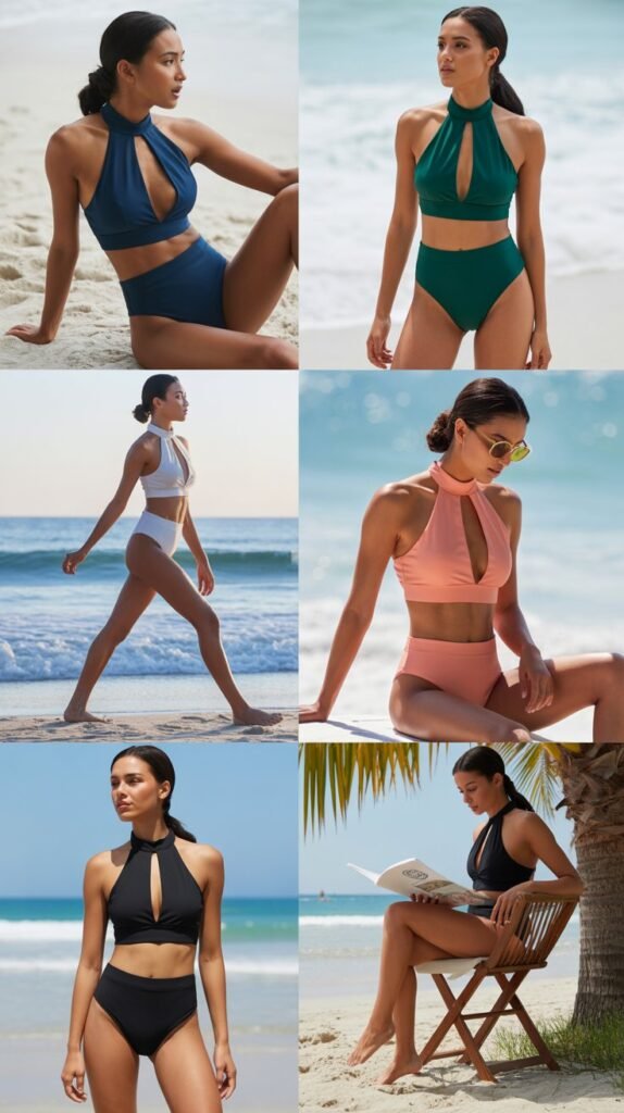 High-Neck Halter Swimsuit with Swim Pants