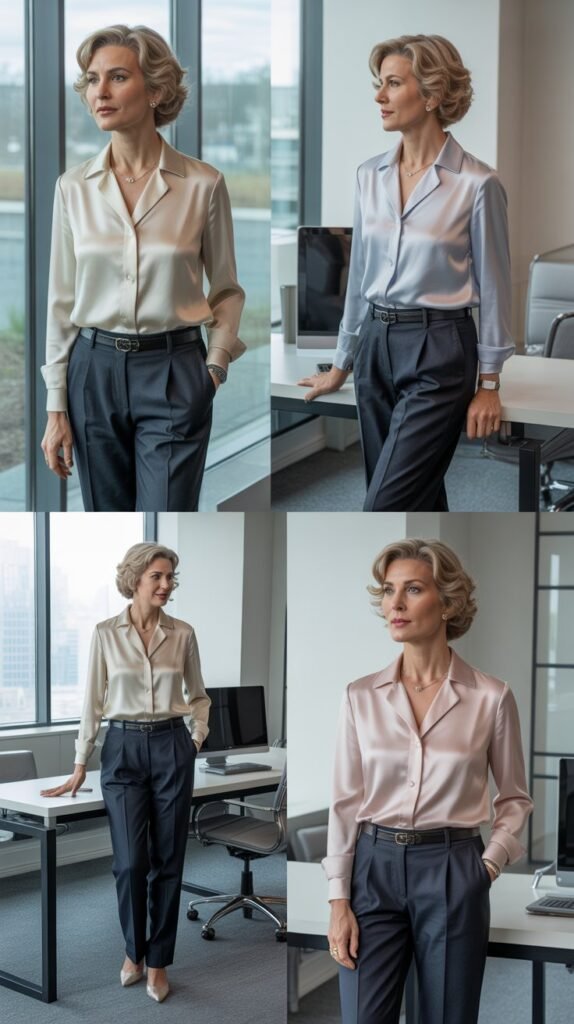 Silk Blouse with Dark Denim Trousers