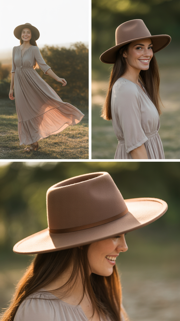 Wide-Brimmed Hat with Flowing Maxi Dress