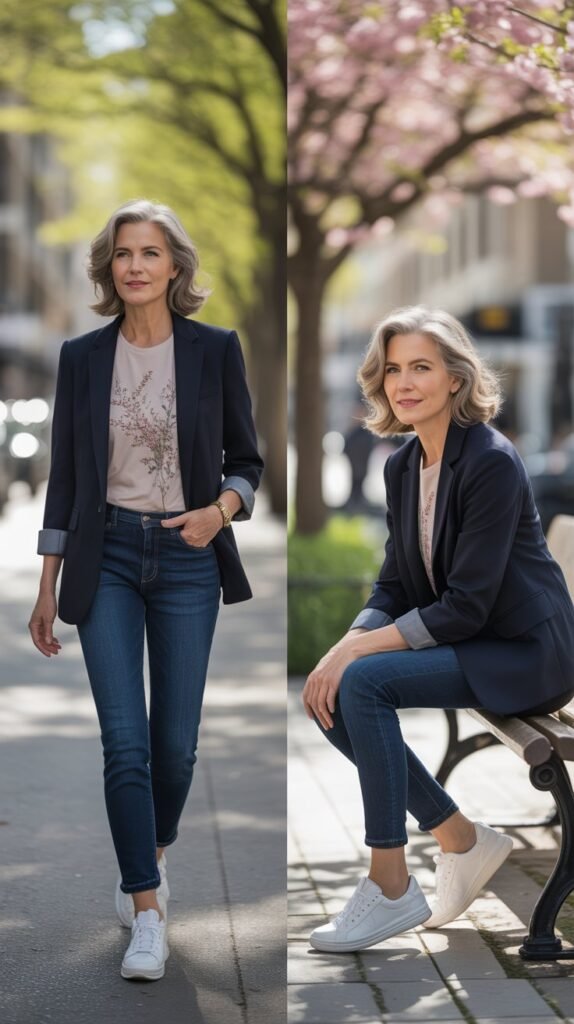 Navy Blazer and Printed Tee with Jeans