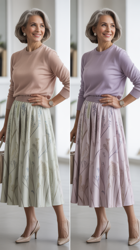 Printed Midi Skirt with Solid Sweater