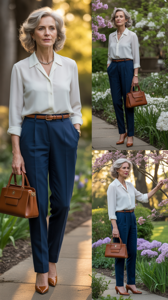 Classic White Blouse with Tailored Navy Trousers